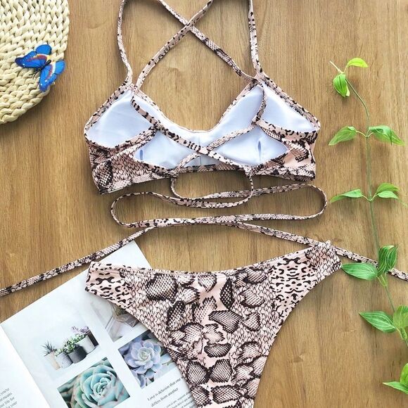 Cali Snake Print Strappy High Waist Scoop Pink Bikini - Picture 4 of 8